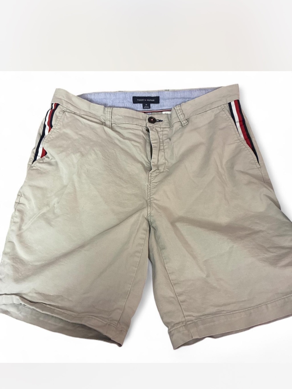 Tommy Hilfiger Beige Flat Front Cotton Shorts with Red & Navy Trim